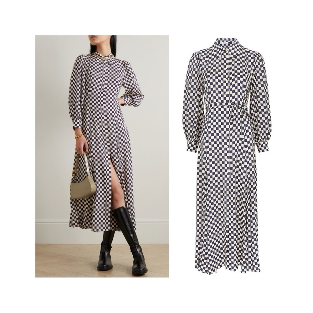 NEW RIXO Maddison Shirtdress (Sz XS) Long Sleeve Midi Navy Cream Checkerboard